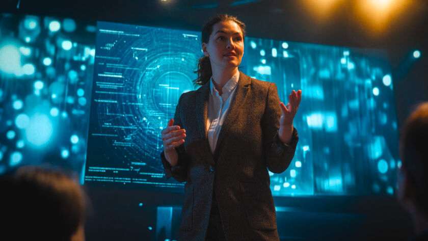 Person presenting AI framework for projects in London with a digital screen background.