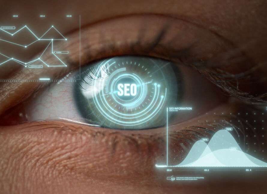 Eye with digital overlays illustrating E-Commerce SEO and E-E-A-T model concepts.